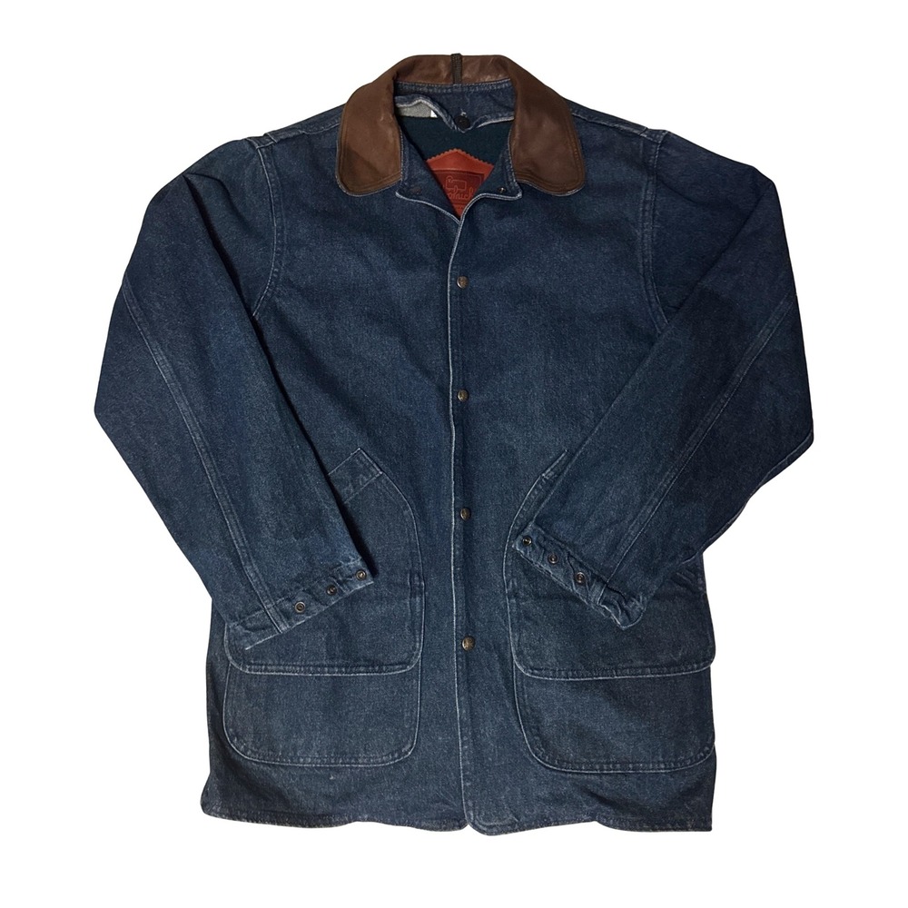Vtg Woolrich Denim Barn Coat Leather Collar Striped Wool Lining Jacket Small